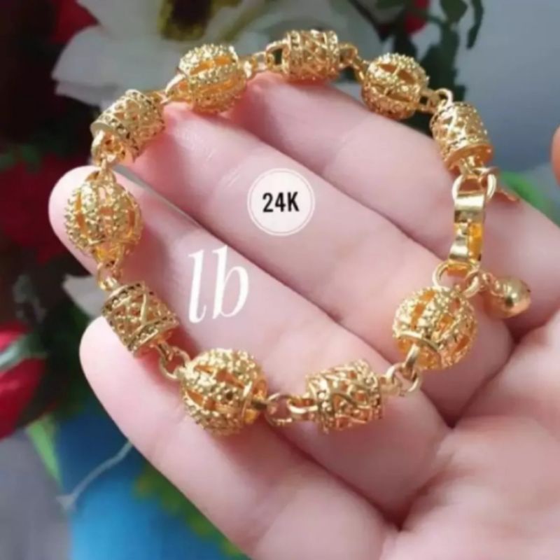 gelang tangan bola dilapisi kuning emas murni 24k fashion wanita titanium anti luntur dan karat