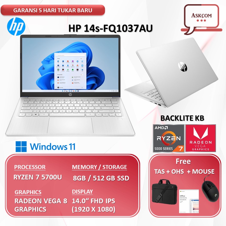 Laptop HP 14S FQ1037AU Ryzen 7 5700 RAM 16GB 512GB SSD VEGA 8 14.0FHD IPS Windows10+OHS