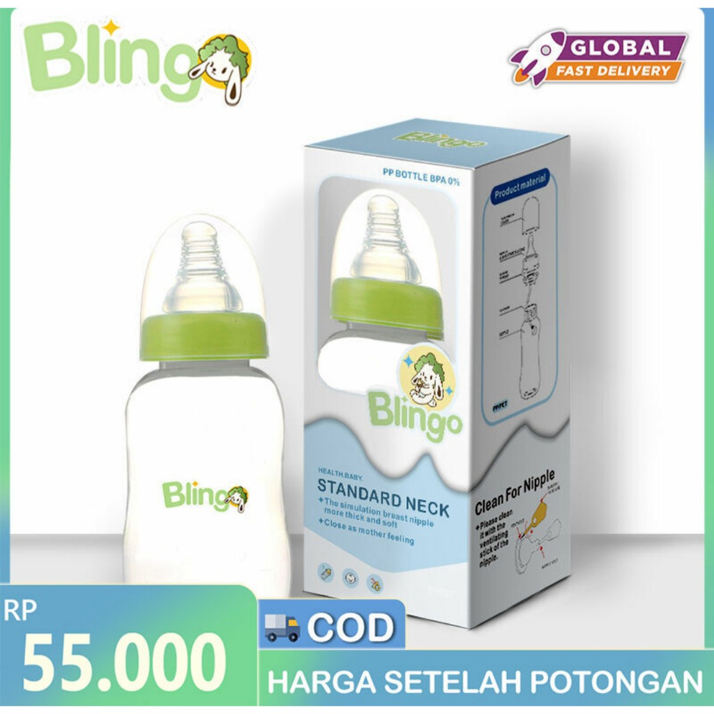 Blingo Newborn Baby Bottle Peristaltic Nipple 150ml Blingo Bottle Botol Anti Sedak / Botol Susu Bayi  Free Anti Sedak / Anti Colic