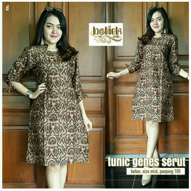 Tunik Genes Serut Dress Batik Sogan Modern Long Dress Seragam Kantor Pesta Muslim