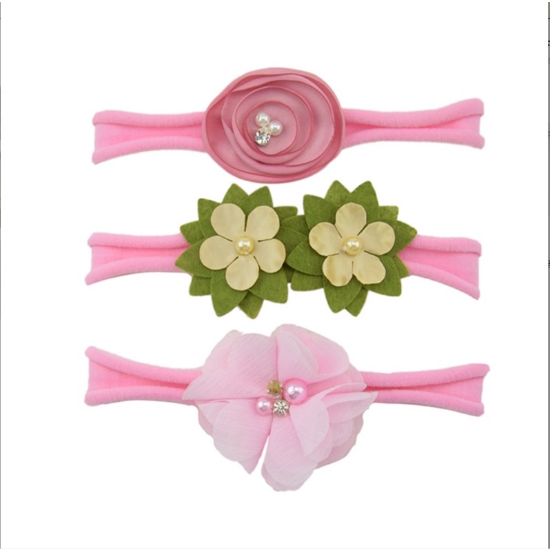 (1 set 3 pcs) Satu set bandana nylon bayi / bando anak  motif bunga