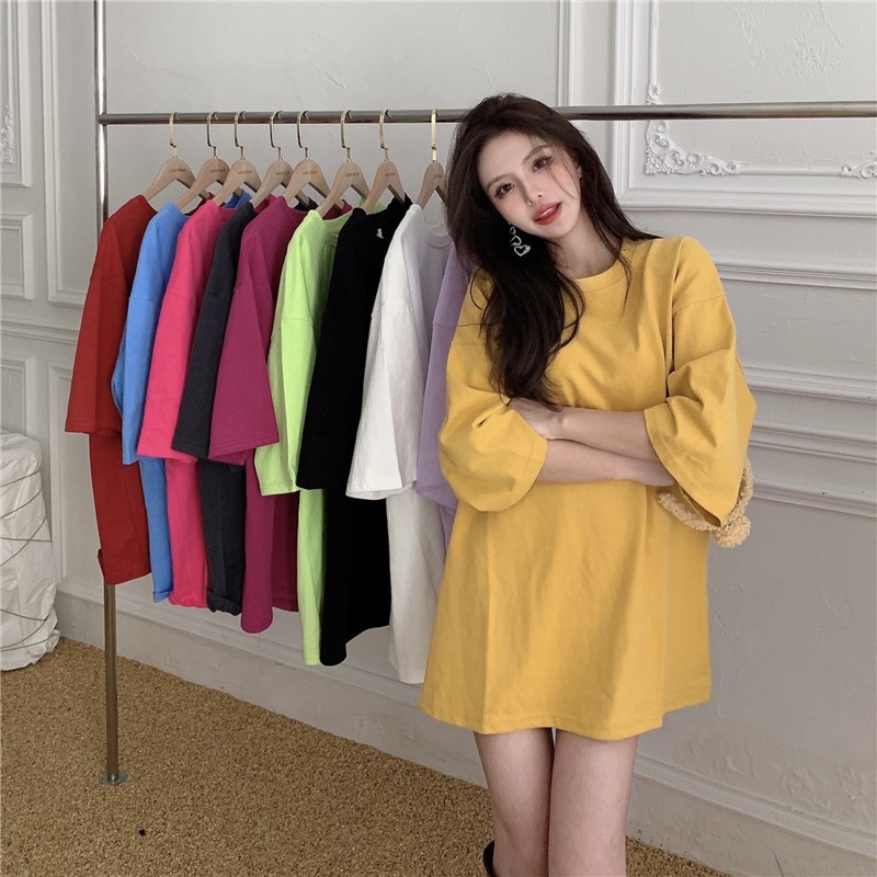 Panjang Warna Solid SederhanaTT-shirt Wanita Dasar Baru Longgar Pelangsing Pullover Top