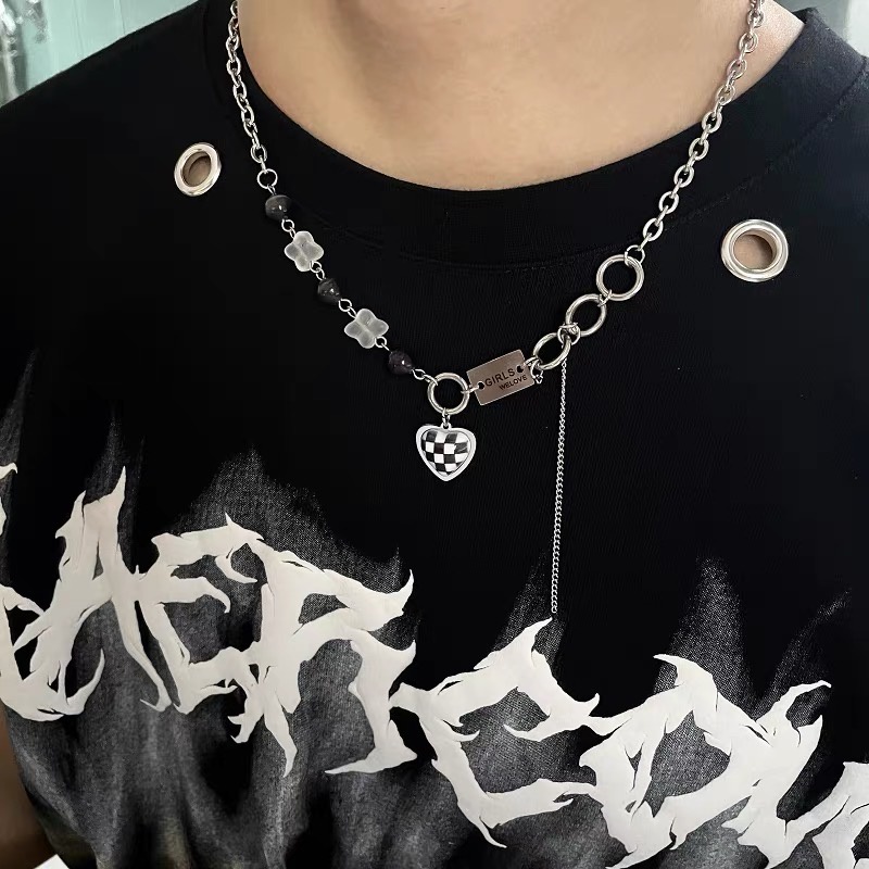 Kalung Motif Kotak-Kotak Hitam Putih Gaya Korea Hip-hop Untuk Unisex