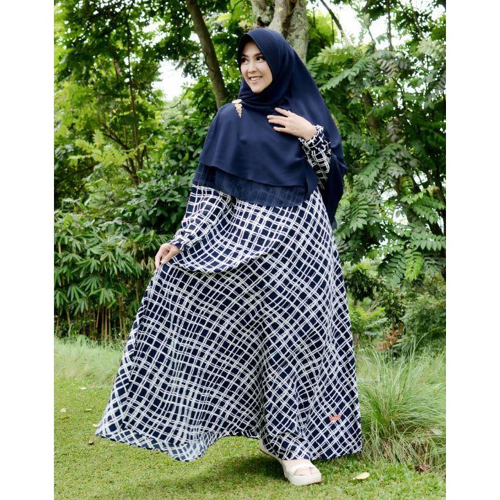 Baju gamis model umbrella set jilbab motif kotak woolpeach busui warna hitam NIBRAS NB 123