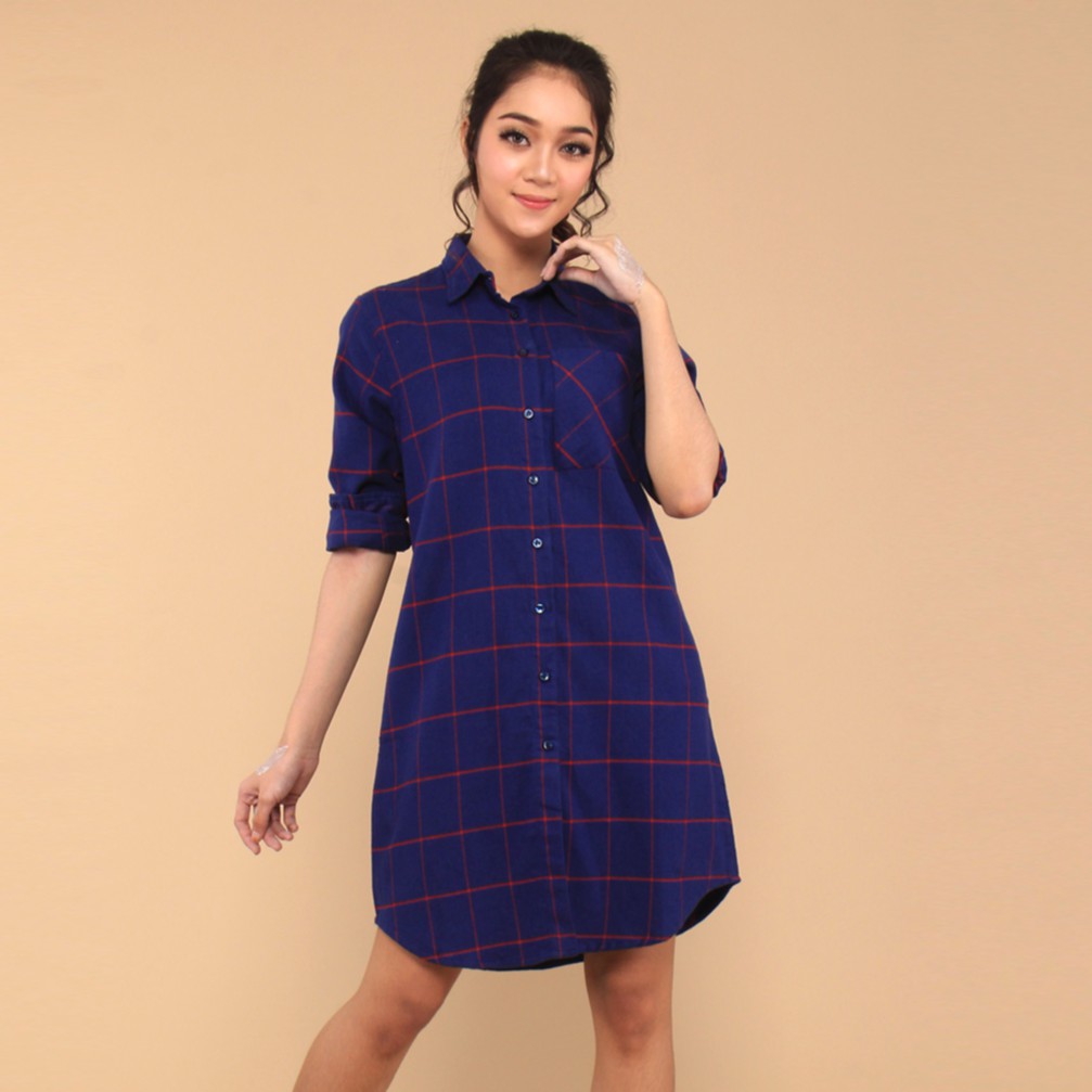 Benhill Kemeja Tunik Flannel Wanita Motif Kotak. Biru  Art.0584-11336