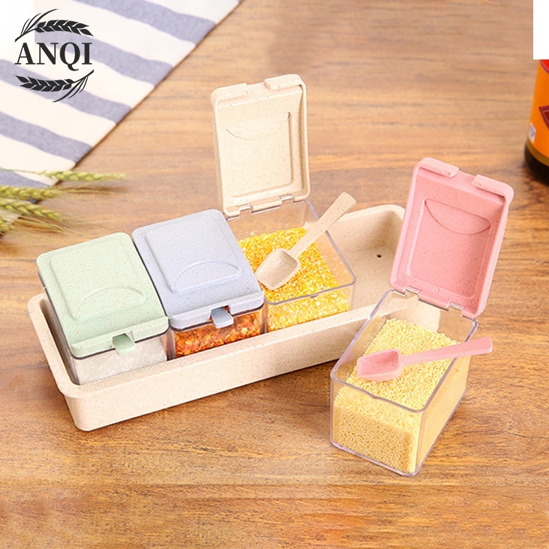 ANQI 1888 Tempat Bumbu Dapur 4 in 1/Kotak Bumbu Dapur 4in1/Tempat Bumbu Plastik /Free Sendok VS-38