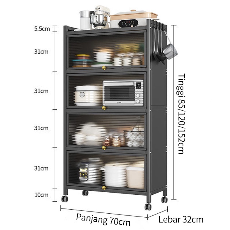 Rak Kabinet Dapur Rak Lemari Dapur Oven Microwave Rak Penyimpanan Multi-layer Dengan Roda Pintu