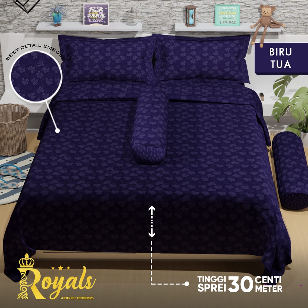 Royals Emboss BedCover SET Sprei Uk 160/180 - Biru Tua