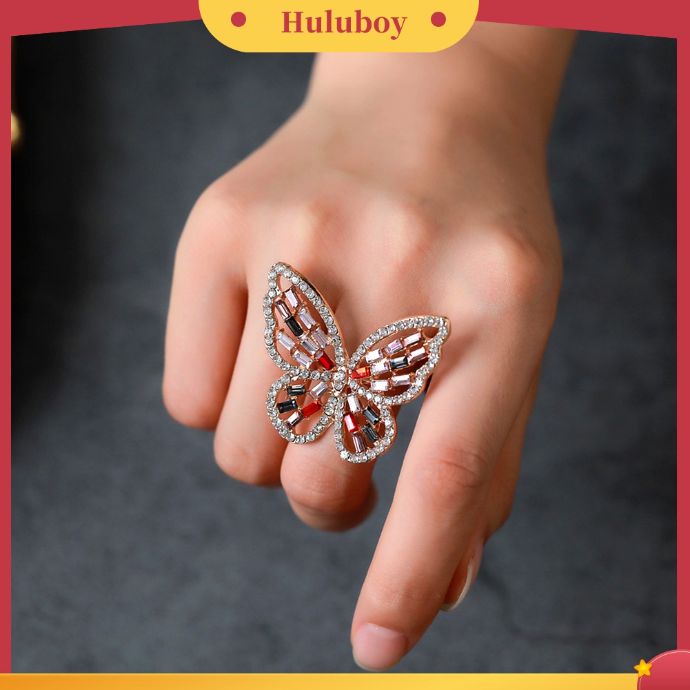 Huluboy Cincin Model Terbuka Desain Kupu-Kupu Hollow Hias Cubic Zirconia Untuk Wanita