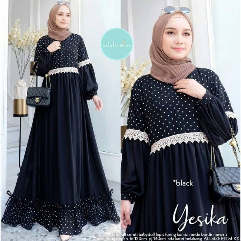 Dress Yesika Maxi Gamis Full Ceruti Babydol Lapis Furing Kombi Renda Bordir Mewah Adem Nyaman Dipakai