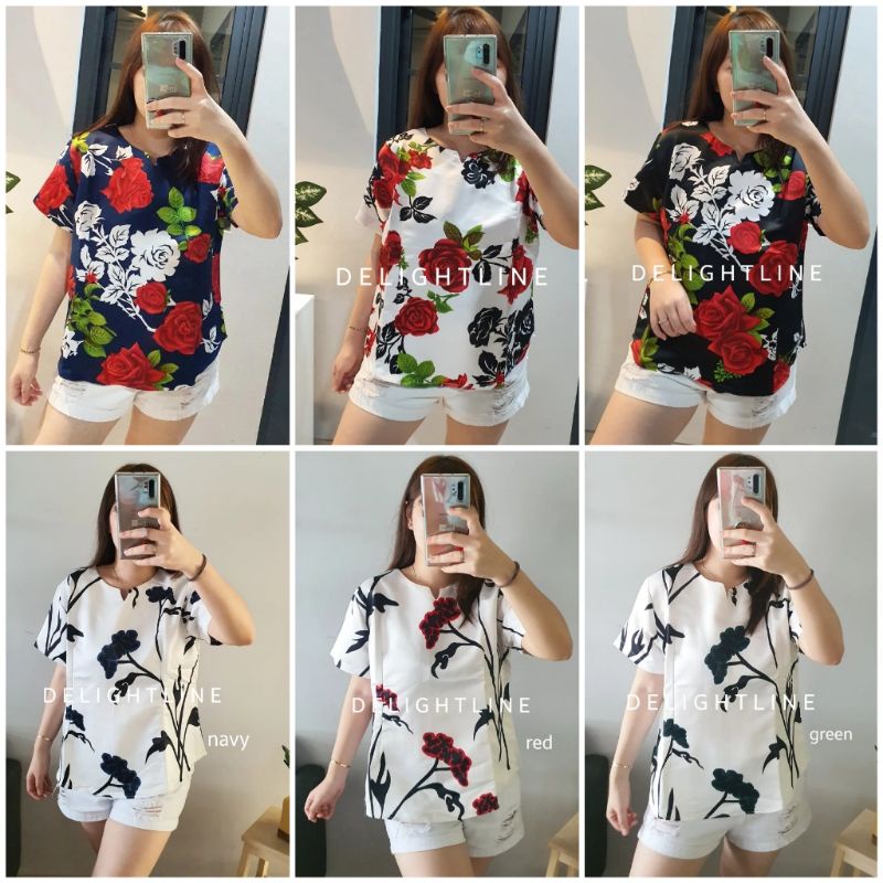 DELIGHTLINE LITTLE V NECK ALMOND TREE / VALENTINE FLOWER - CASUAL BLACKOUT BLOUSE TEBAL BASIC FLOWER-3