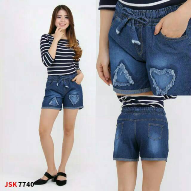  4 WARNA ALL SIZE Celana  Pendek Jeans  Pinggang  Karet 