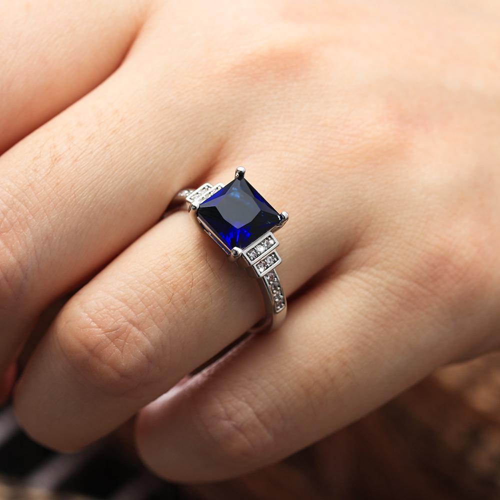 Cincin Zircon Nanas Wanita Berlapis Patinum Biru Ukuran 6-10 Perhiasan