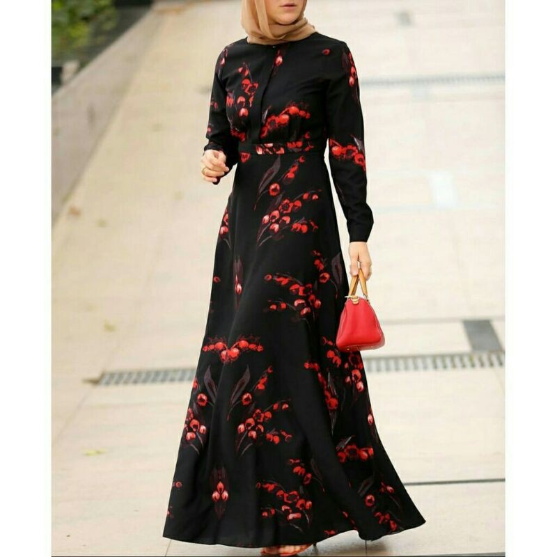 6001 Baju Maxidress longdress maxi dress gaun pesta dres Korea Korean style hitam mocca motif bunga 