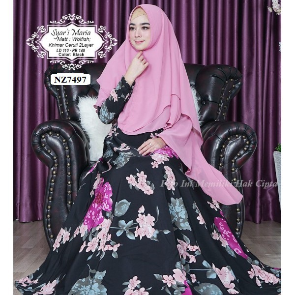 NZ7497 Gamis Syar i wolfis set khimar ceruti 2 layer motif bunga floral hitam pink