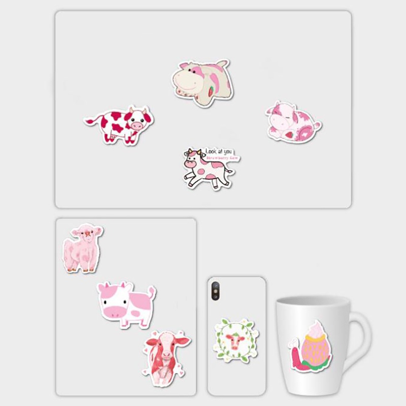 【beautifulhome12.id】50Pcs Cartoon Pink Strawberry Cow Stickers Laptop Skateboard Luggage Stickers