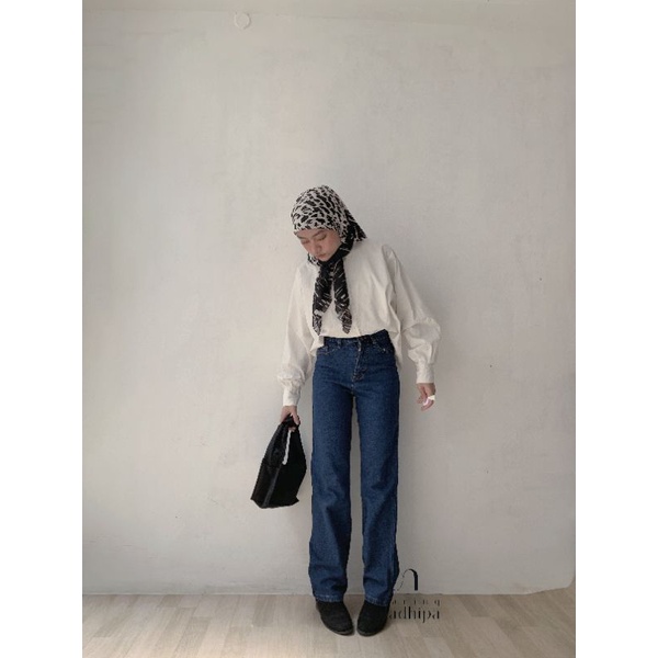 Nara Pants Biru Tua - Celana Kulot Jeans Highwaist Wanita Loose