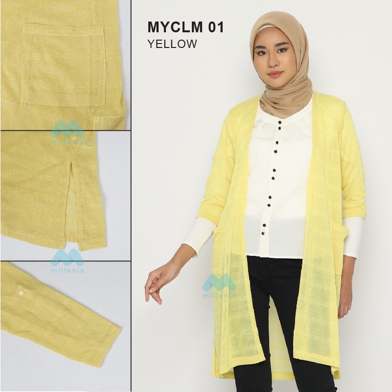 Millenia Mara Stitch Open Front Long Layer Knit Cardigan (MYCLM 01)-MYCLM 01 Yellow