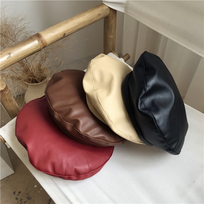 Topi Baret Bahan Kulit PU Gaya Korea Untuk Wanita