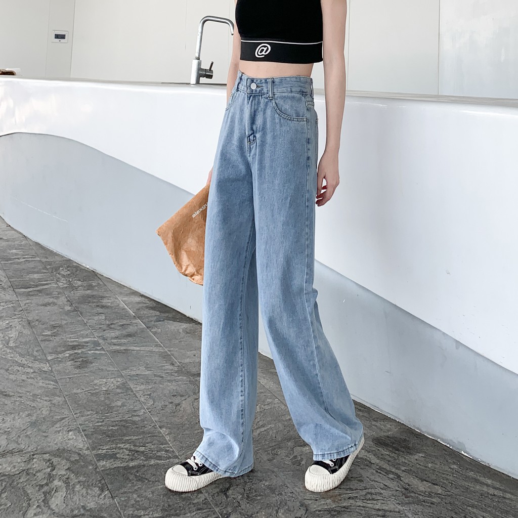 Celana Jeans Wanita Korea Style Loose High Waist Straight Pants