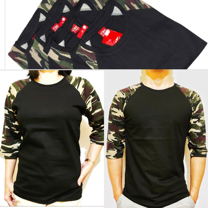 Kaos polos raglan hitam lengan loreng army 3/4 size M L XL XXL