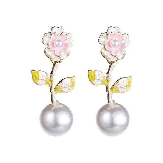 LRC Anting Tusuk Fashion Alloy Spray Paint Flower Pearl S925 Silver Needle Earrings F6336X