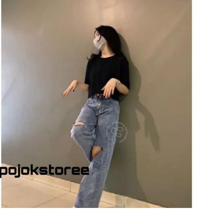 [PVS] HIGHWAIST KULOT JEANS SOBEK LUTUT LOOSE WANITA SNOW JEANS DENIM CELANA KULOT SOBEK BOYFRIEND R