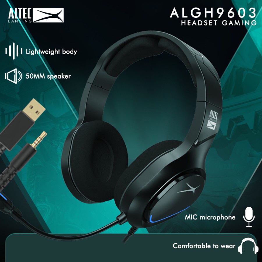 Headset Headphone Gaming Altec Lansing ALGH 9603 BLUE LED 3.5mm Jack + USB