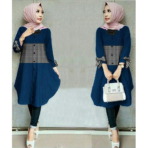 [Tunix Ribbon Kotak Varian Warna RO] Tunik Wanita Katun Maroon/Navy/Cream