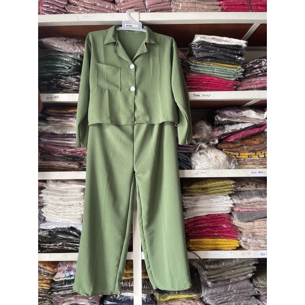 ONE SET CROP TOP BLEZER || KEMEJA CROP CRINGKLE || SET WANITA-SAGE GREEN