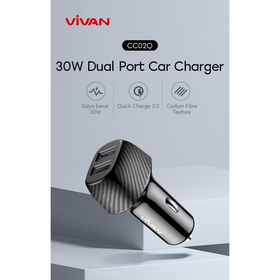 plug in VIVAN Car Charger Mobil CC02Q 30W Dual Port USB-A 3A Quick Charge 3.0 Garansi Resmi