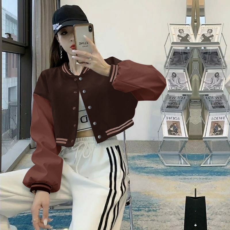 Sweater crop base ball outerwear fashion remaja wanita