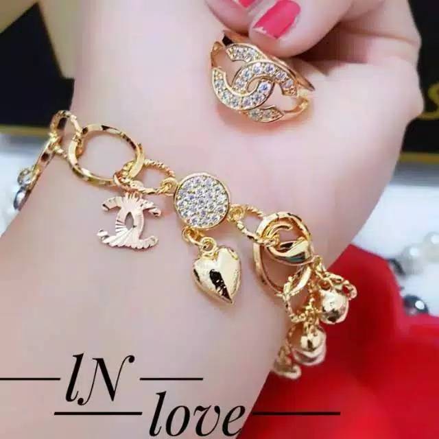 TERMURAH Set Perhiasan Lapis Emas Cincin Gelang Chanel in Love Xuping XP0239 Titanium Rantai