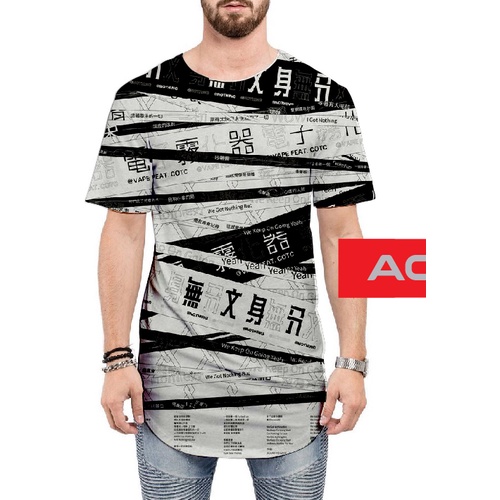 baju kaos long line longline motif pria hitam putih