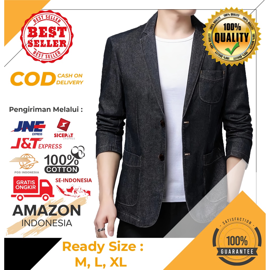 JAS FORMAL PRIA SEMI BLAZER STYLE CASUAL PAKAIAN COWOK RESMI KONDANGAN WARNA BLACK HITAM BAHAN JEANS TEBAL