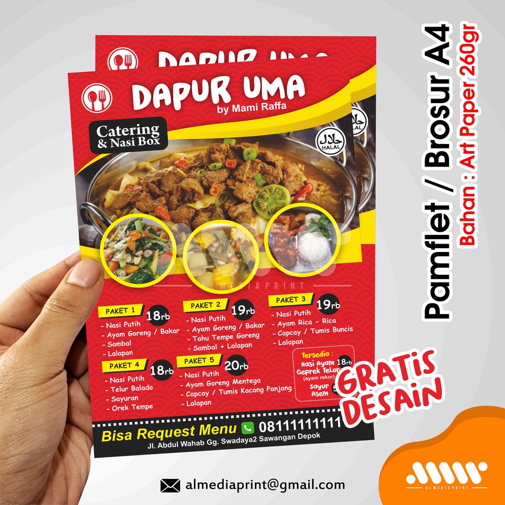 Jual CETAK BROSUR / MENU MAKANAN UK A4 MIN. 10LBR AP260GR Indonesia