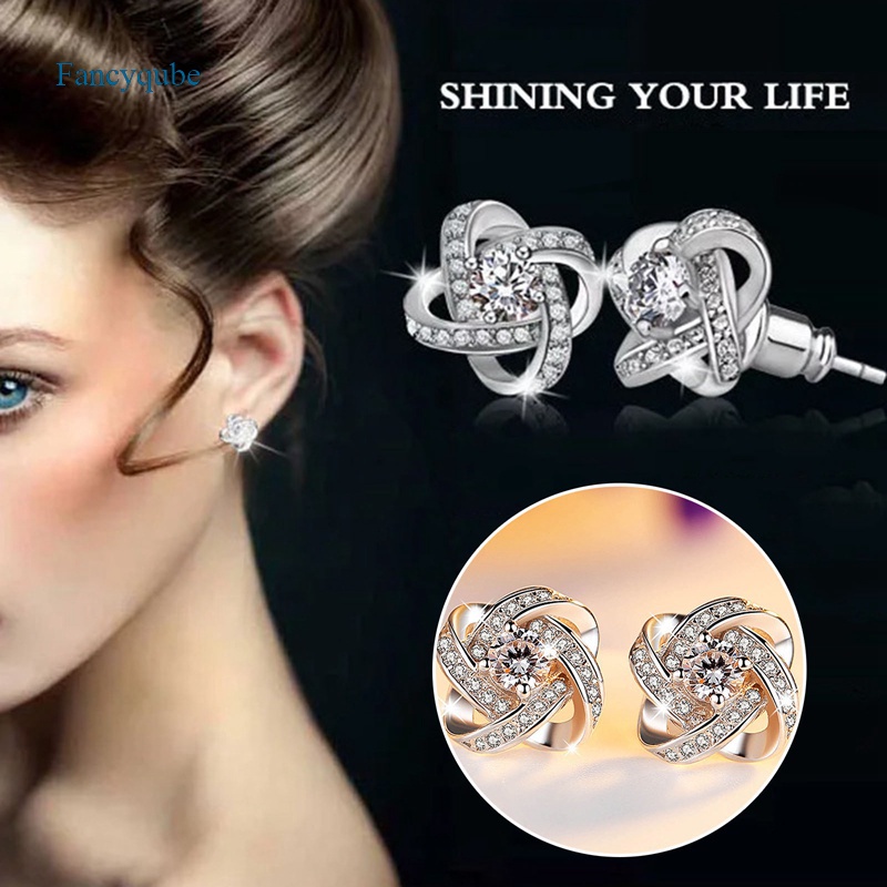 Fancyqube Anting Sterling Silver 925 Bentuk Salib Aksen Kristal Untuk Wanita