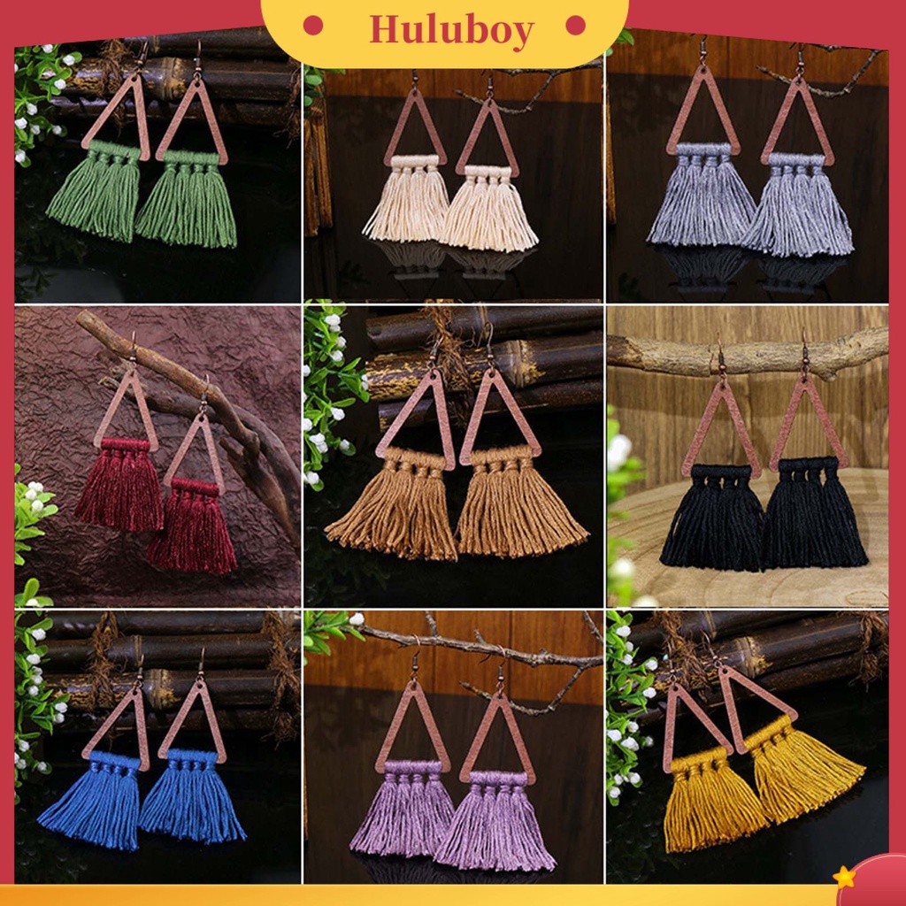Hu Hu Hu Hu Hu Alat Bantu Pasang Kacamata♡ 1 Pasang Anting Kait Gantung Wanita Bahan Kayu Bentuk Segitiga Aksen Rumbai Benang Katun Gaya Etnik Bohemian