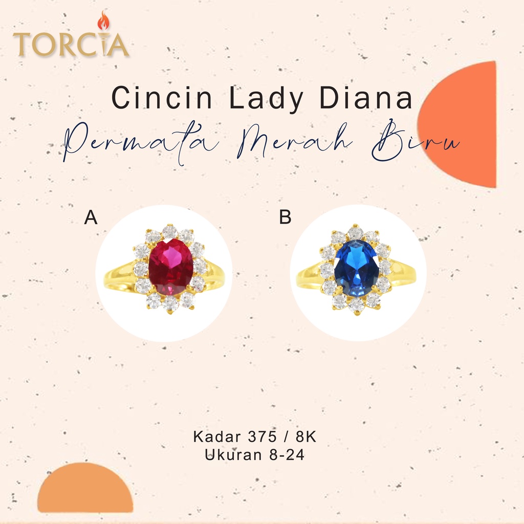 Cincin Emas Asli Lady Diana Permata Merah Biru Kadar 375 Torcia