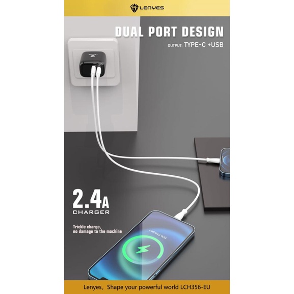 LENYES LCH356EU 2.4A USB + Type C Adaptor Charger Hp + Kabel Casan Handphone Android Ios Original-2