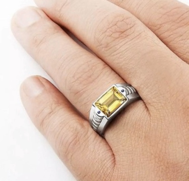 Cincin Pria Perak Yellow Citrine Quartz Sitrin Kuning Lemon Mewah Berkelas Modern Minimalis