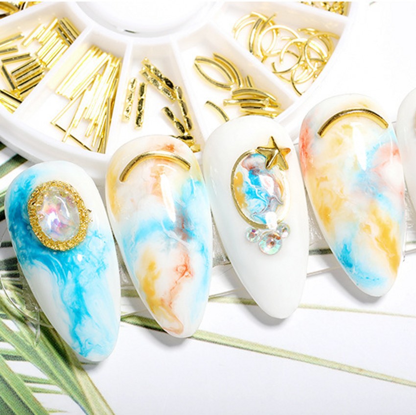 Ins Campur Manicure Tahan Lama DIY Nail Art 3D Mini Beads Paku Keling Dekorasi Stiker Kuku Emas Logam Metal Gold Rivet Aksesoris