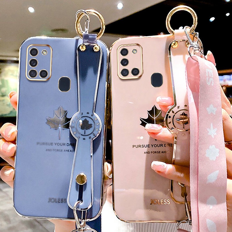 Case Motif Daun Maple Dengan lanyard Untuk Samsung Galaxy A21S