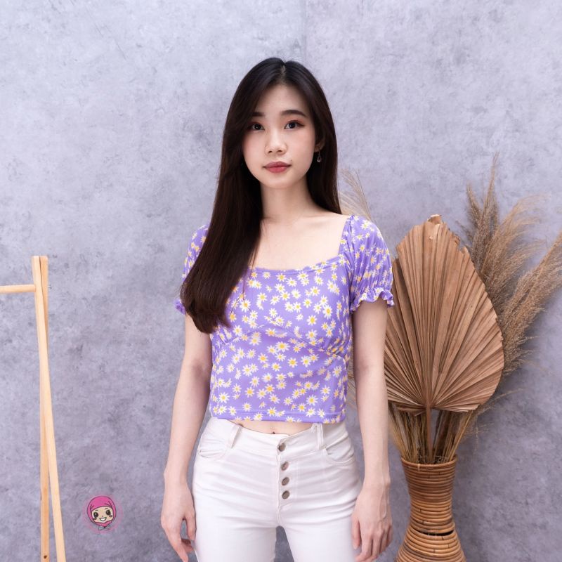 blouse flower floral Korean lengan pendek puff CROP NICOLE TOP DAISY bunga