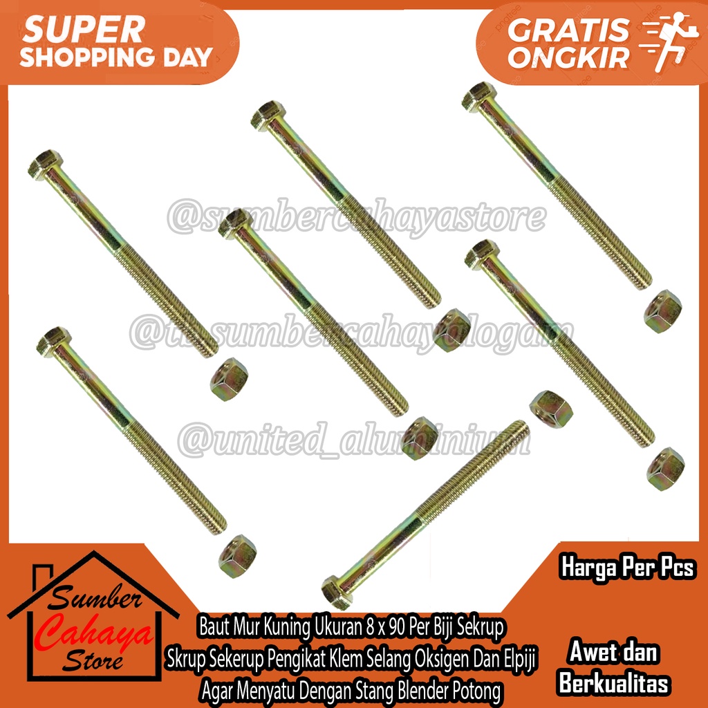 Baut Mur Uns Kuning Ukuran 8 x 90 Per Biji Pcs Kunci Pas 12 Hexagon Bolts Nuts Besi Sekrup Galvanis 