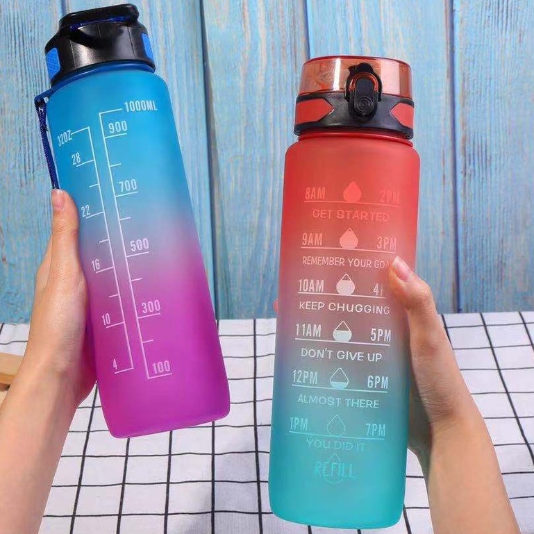 Botol Minum warna Gradasi  pelangi Motivasi  1 liter free sticker 2d / 3d 5pcs