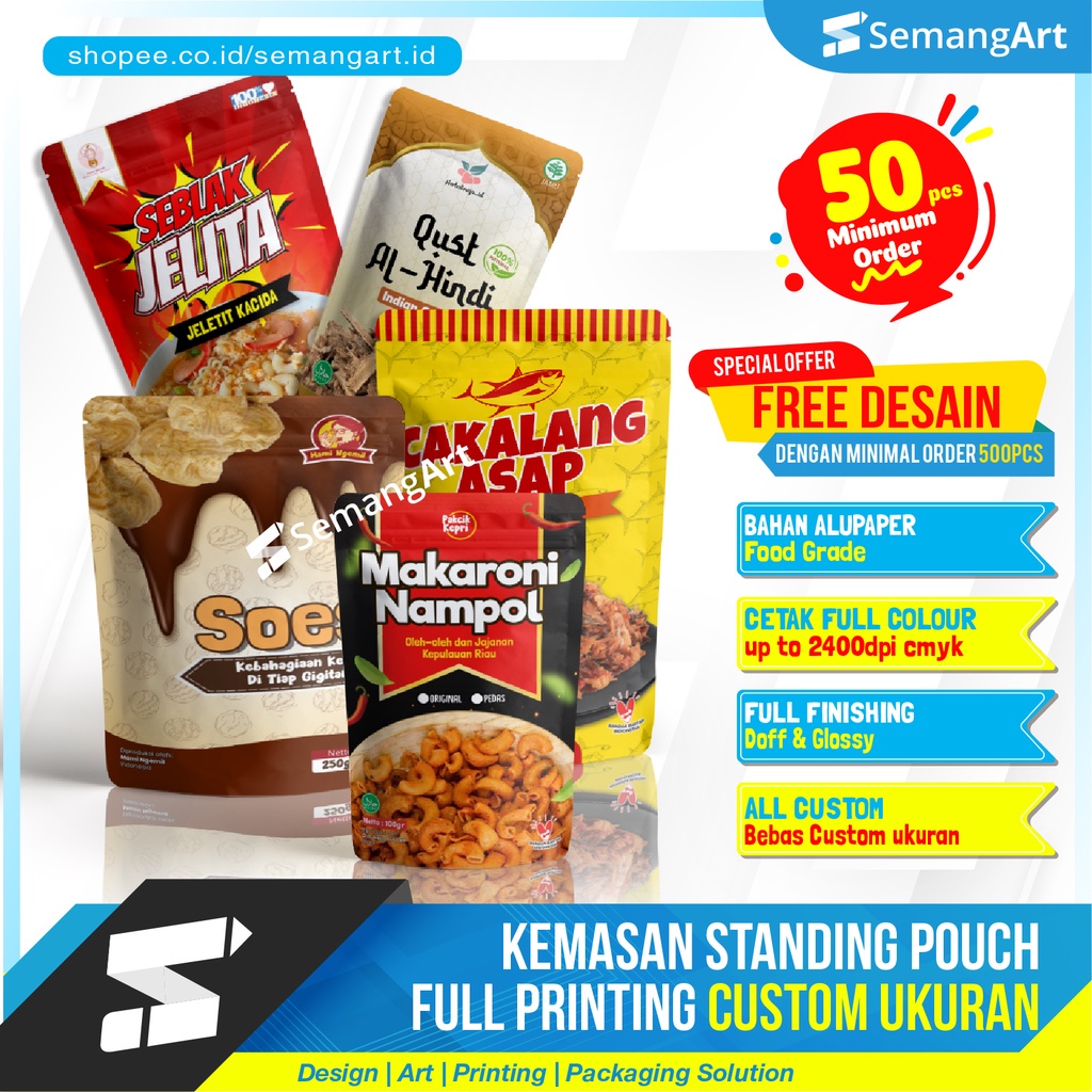 Kemasan Standing Pouch Klip Non Zipper Ziplock Full Printing Custom Ukuran