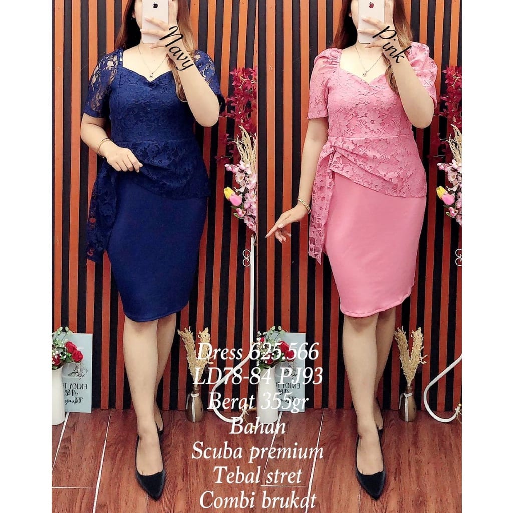 Pakaian Wanita 625.566 Dres Scuba Premium Kombinasi Brokat Navy Murah dan Bagus