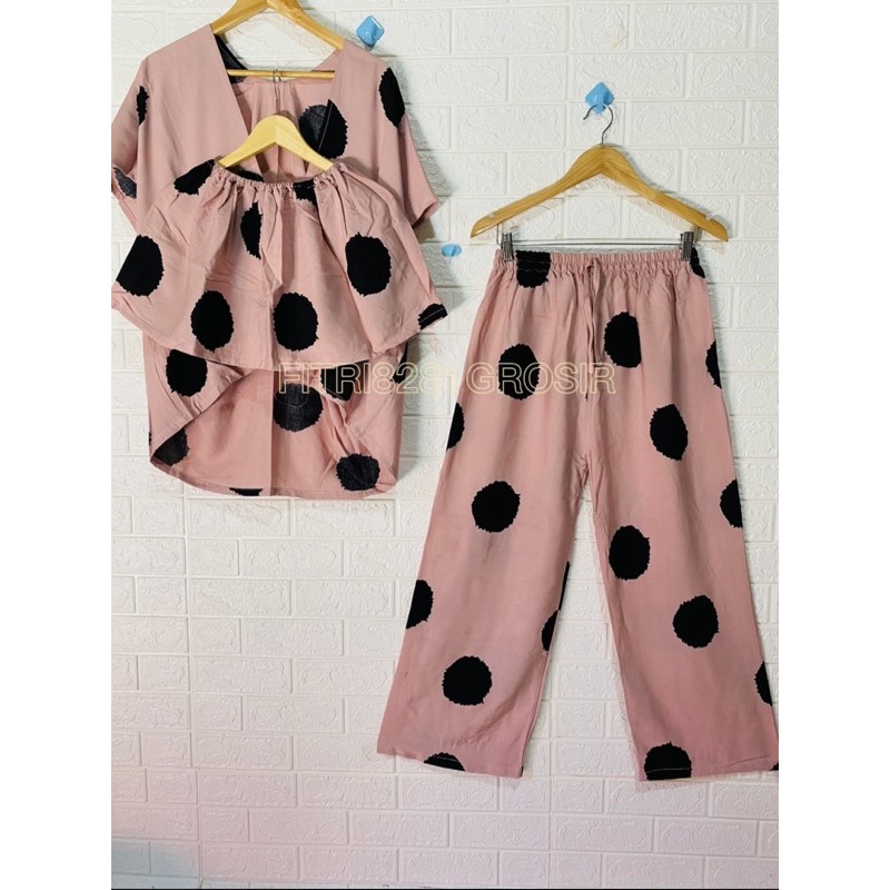 SETELAN AUTER + KEMBEN +CELANA MOTIF POLKADOT KAIN RAYON ADEM NYAMAN DI PAKAI