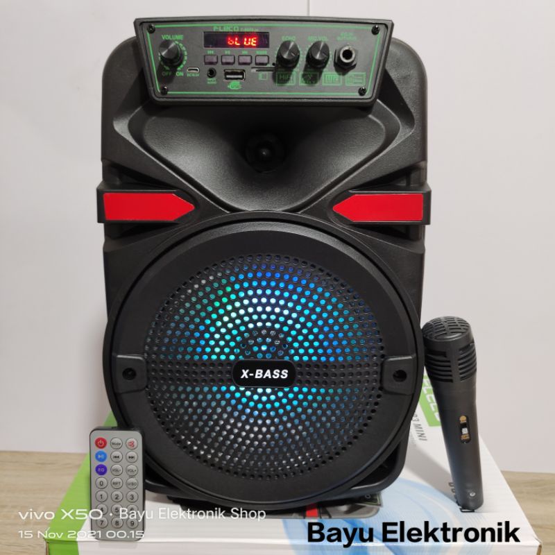 Speaker Bluetooth Fleco X-Bass F8805LED 8,5 Inchi Bonus Mic Karaoke Remote Tripod FM Radio USB Kartu